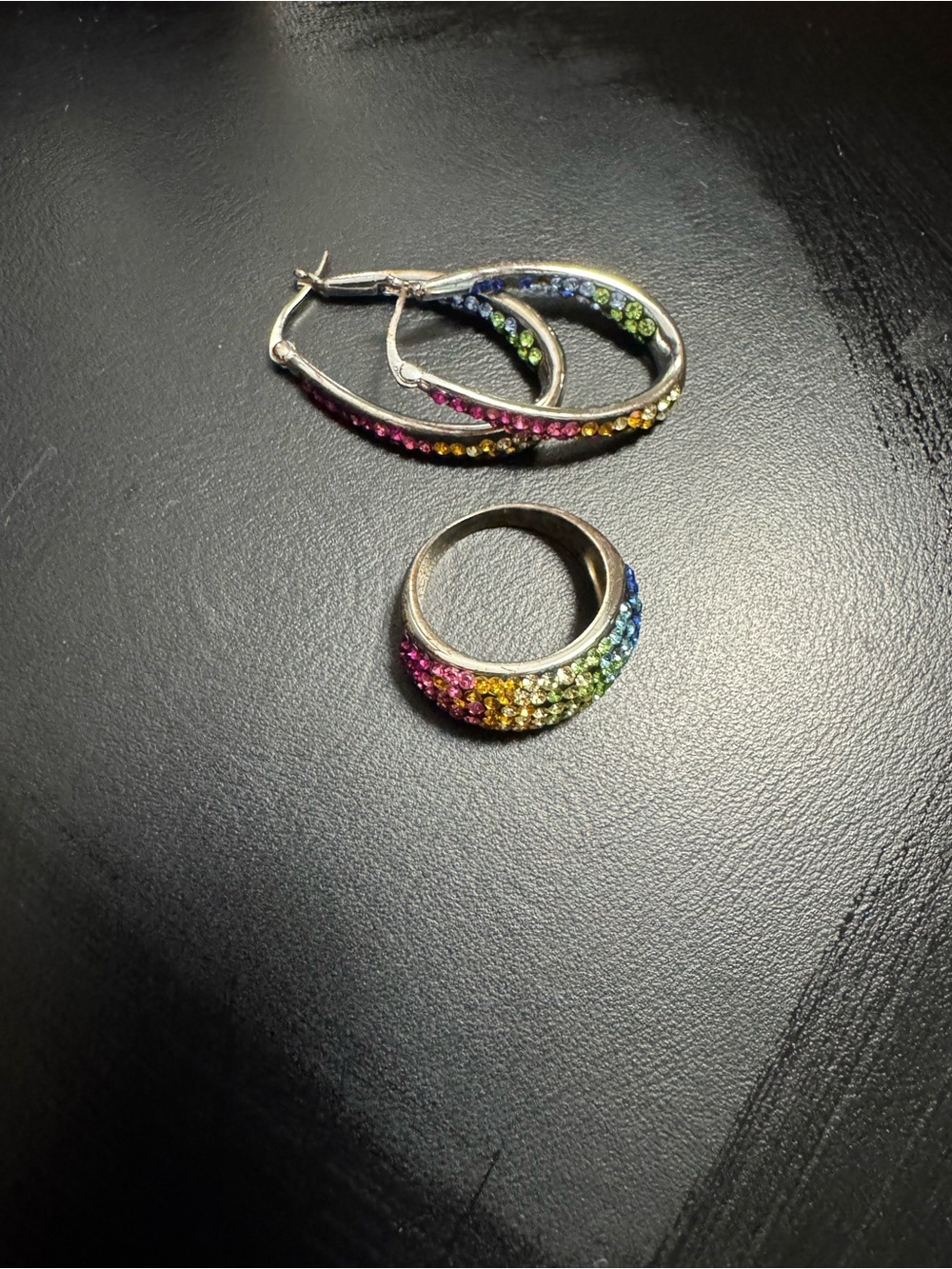 Vintage JCM Rainbow Crystal Hoop Earrings & Matching Ring Set Thailand Brass